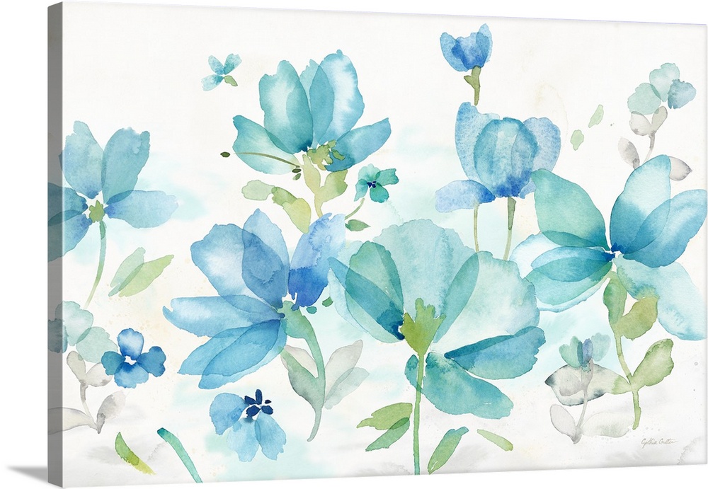 Decorative watercolor image of a large blue poppies on a white background.