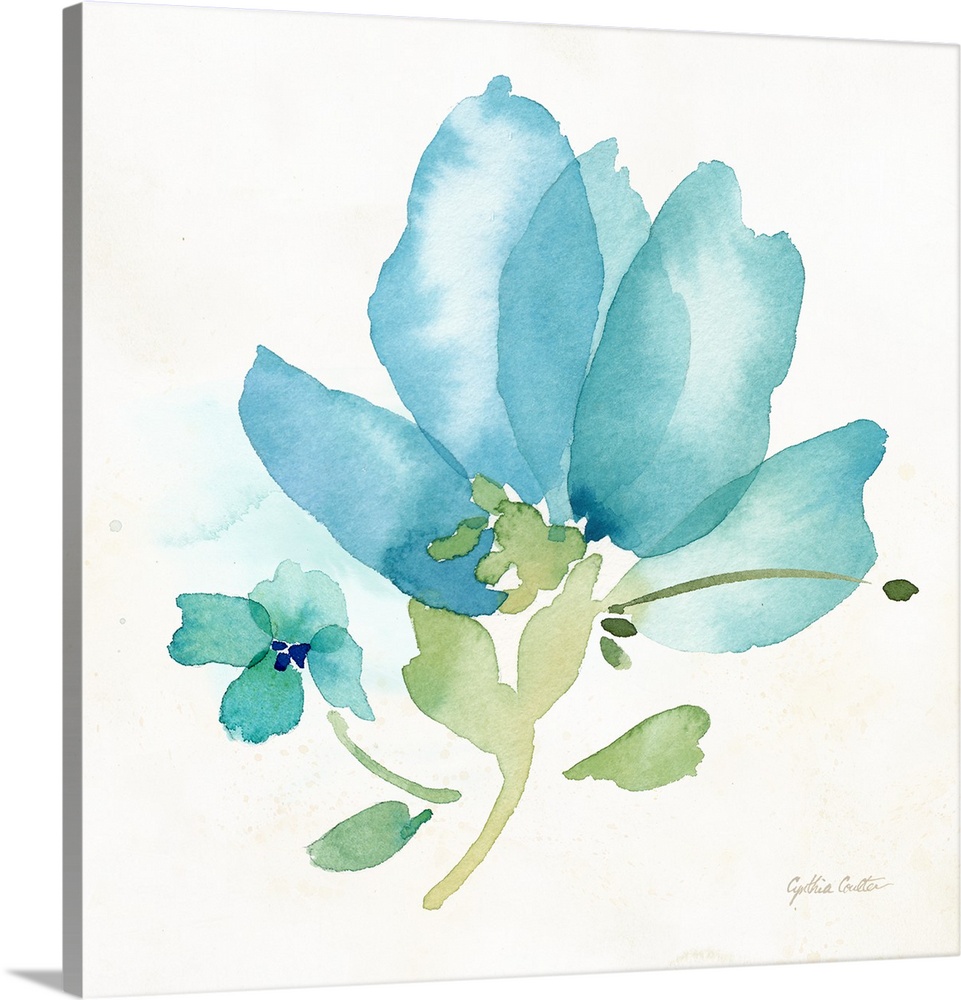 Square decorative watercolor image of a large blue poppy on a white background.