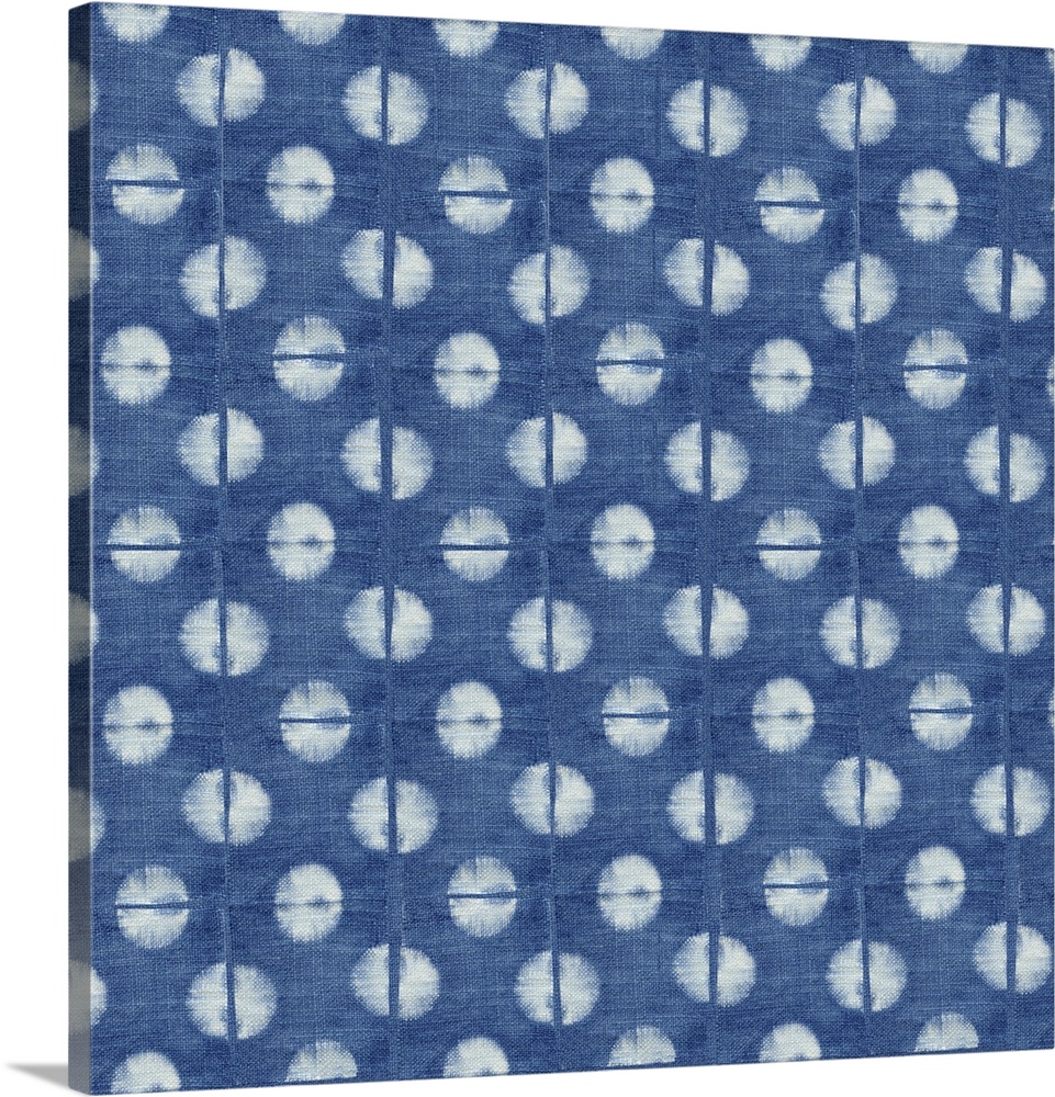 Decorative design of rows of white circles with lines going through them on blue linen.