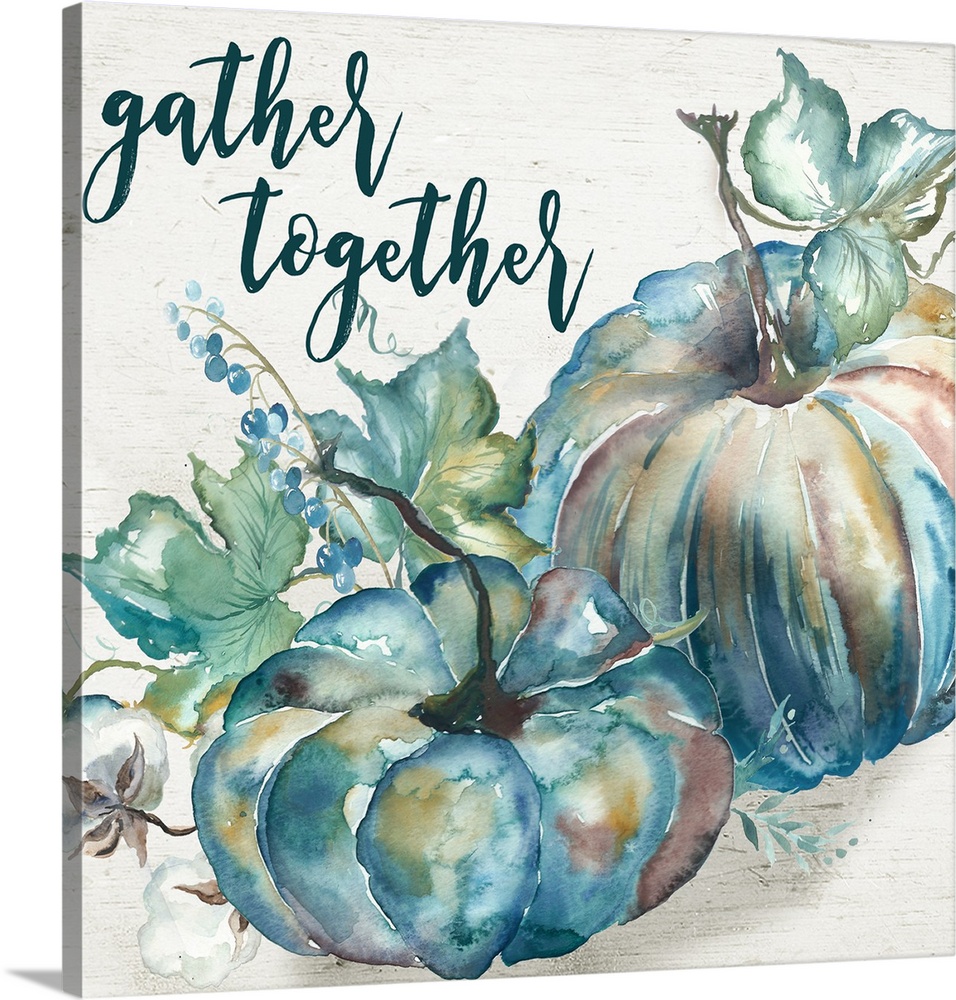 "Gather Together" on a watercolor painting of a group of pumpkins with autumn leaves in cool shades of blue.