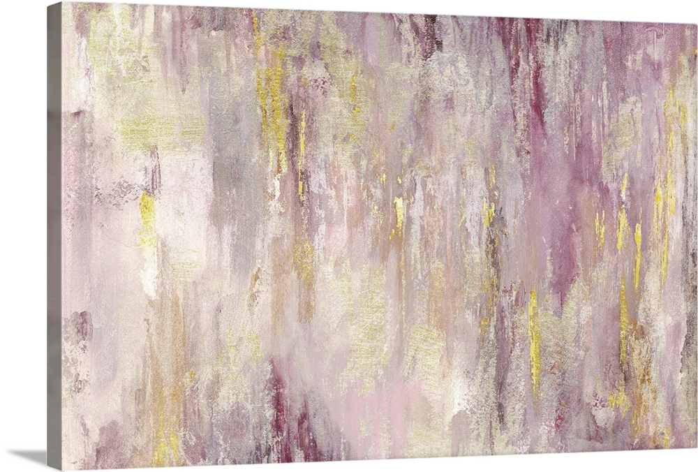 Horizontal abstract painting with shades of pink and yellow.