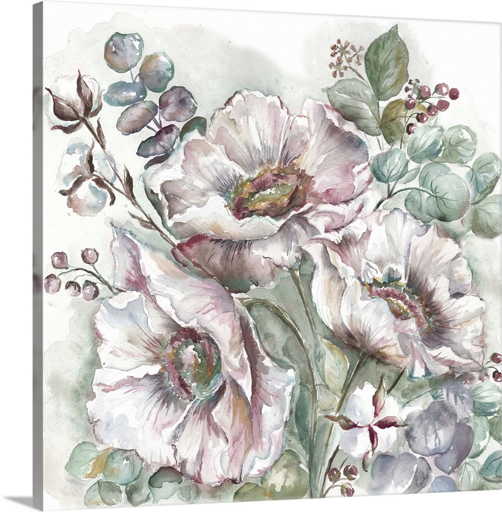 A decorative watercolor painting of a poppy and eucalyptus in subdue tones.