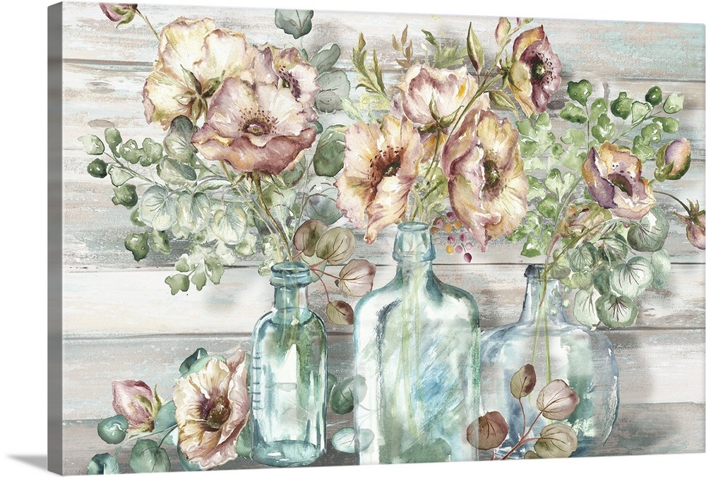 Blush Poppies and Eucalyptus in bottles landscape Wall Art, Canvas ...