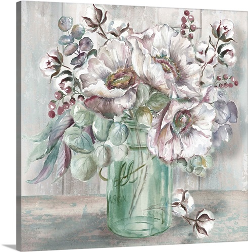 Blush Poppies and Eucalyptus in Mason Jar Wall Art, Canvas Prints ...