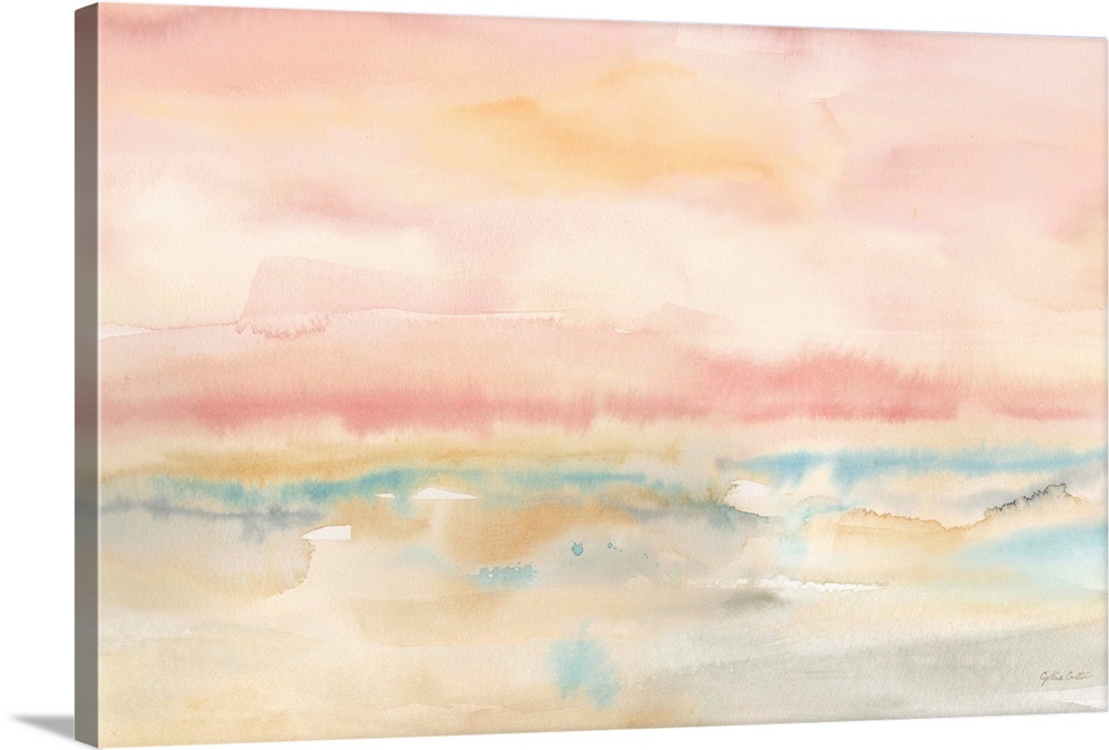 Square abstract watercolor painting in blurred brush strokes of muted tones of pink, blue and green.