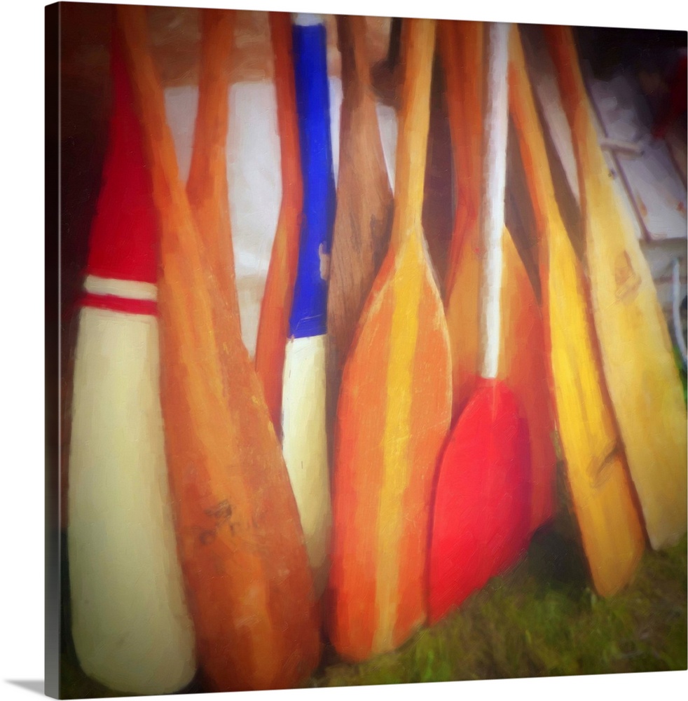 Square contemporary painting of bright, colorful boat oars leaning together.