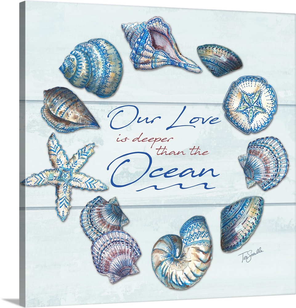 "Our Love is deeper than the Ocean" surrounds by a wreath of shells on a gray wood panel background.