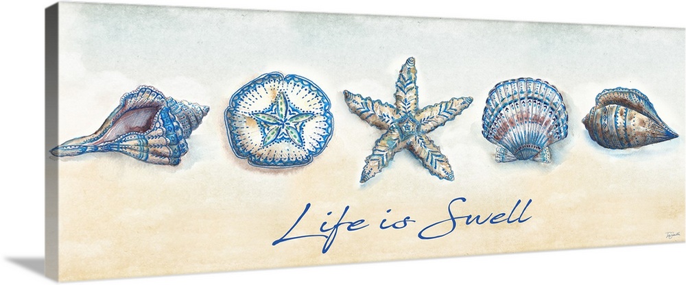 "Life is Swell" with a row of shells on a warm toned background.
