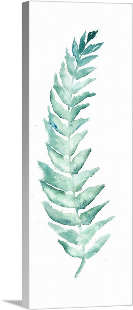 A vertical watercolor design of a single fern leaf in shades of blue.
