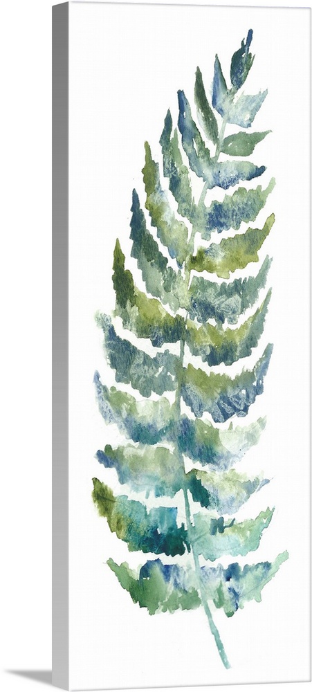 A vertical watercolor design of a single fern leaf in shades of blue and green.