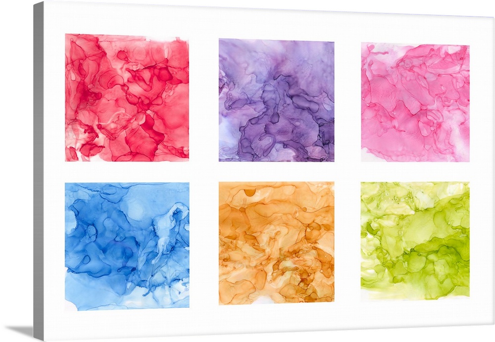 A decorative design of multi-colored squares in bright watercolors on a white background.
