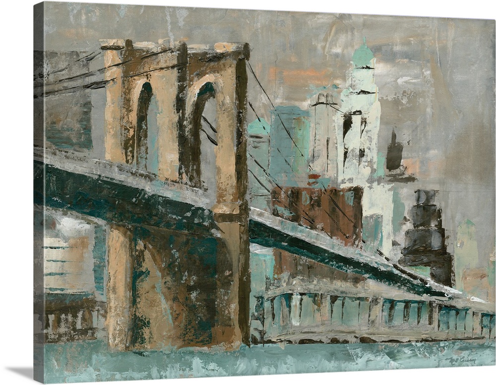 Contemporary painting of the Brooklyn Bridge in muted tones of brown and teal.