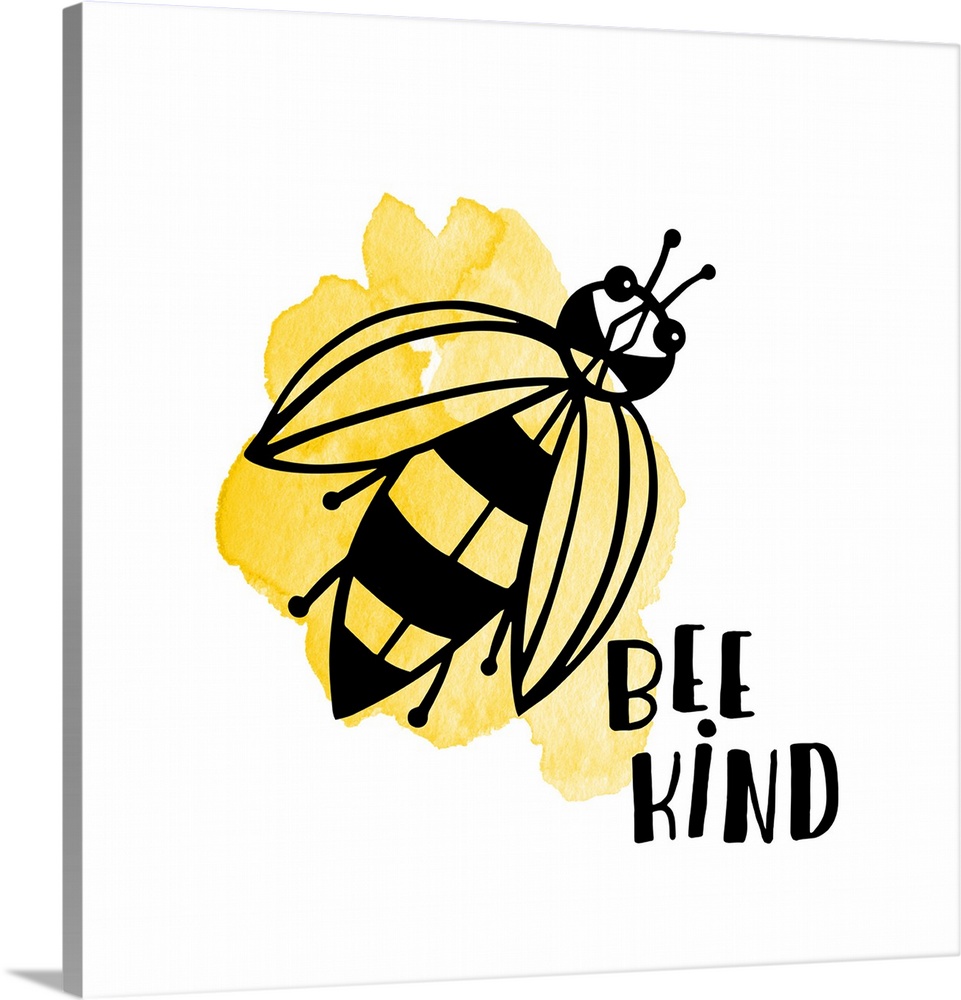 "Bee Kind" and a bee with yellow watercolor on a white background.