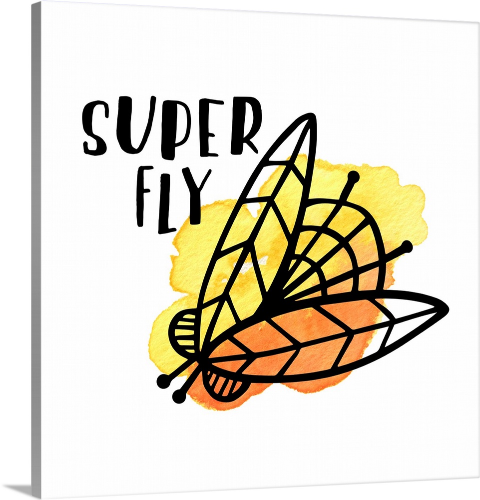 "Super Fly" and a fly with yellow watercolor on a white background.