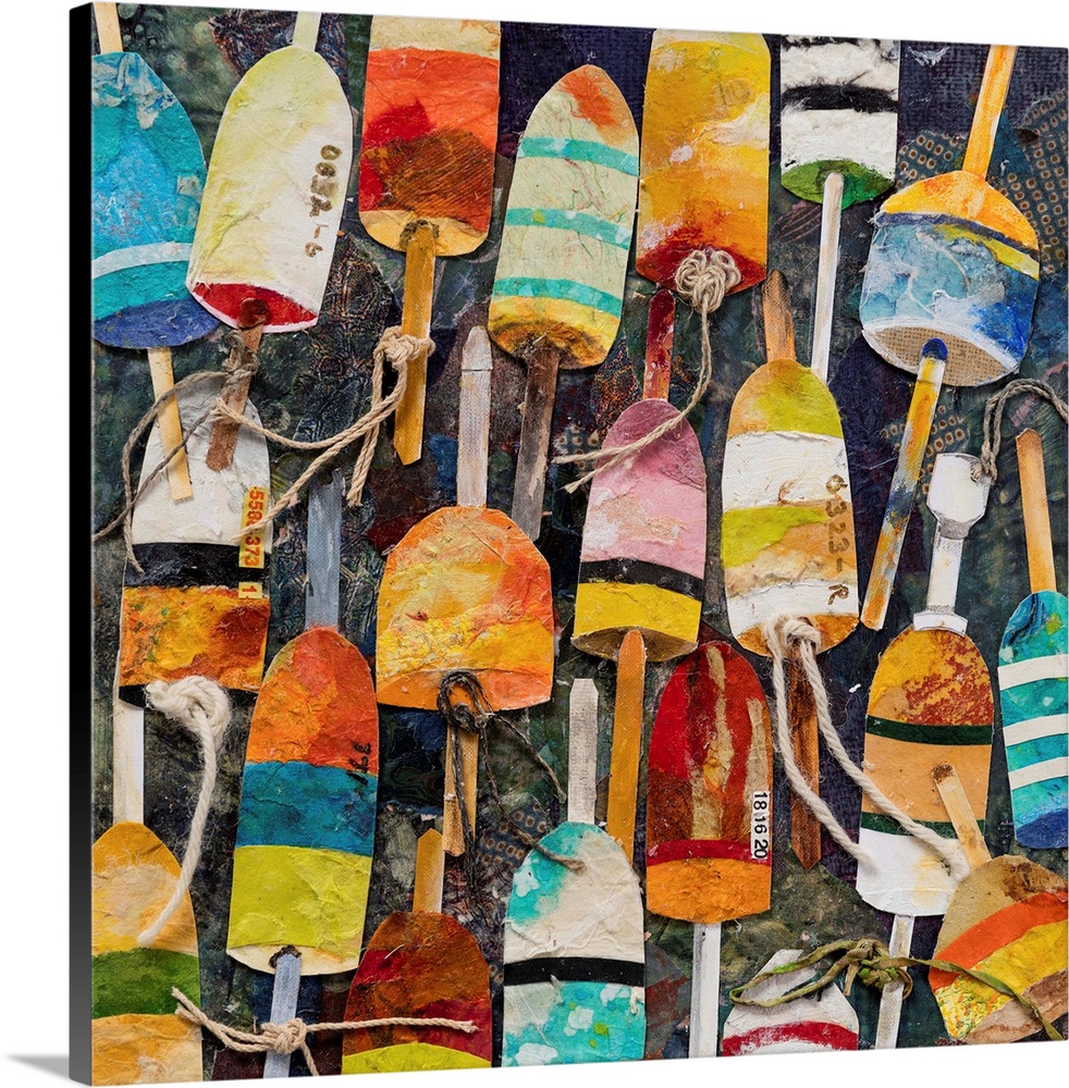 A mixed media painting of water buoys in bright, multiple colors with rope on a dark backdrop.