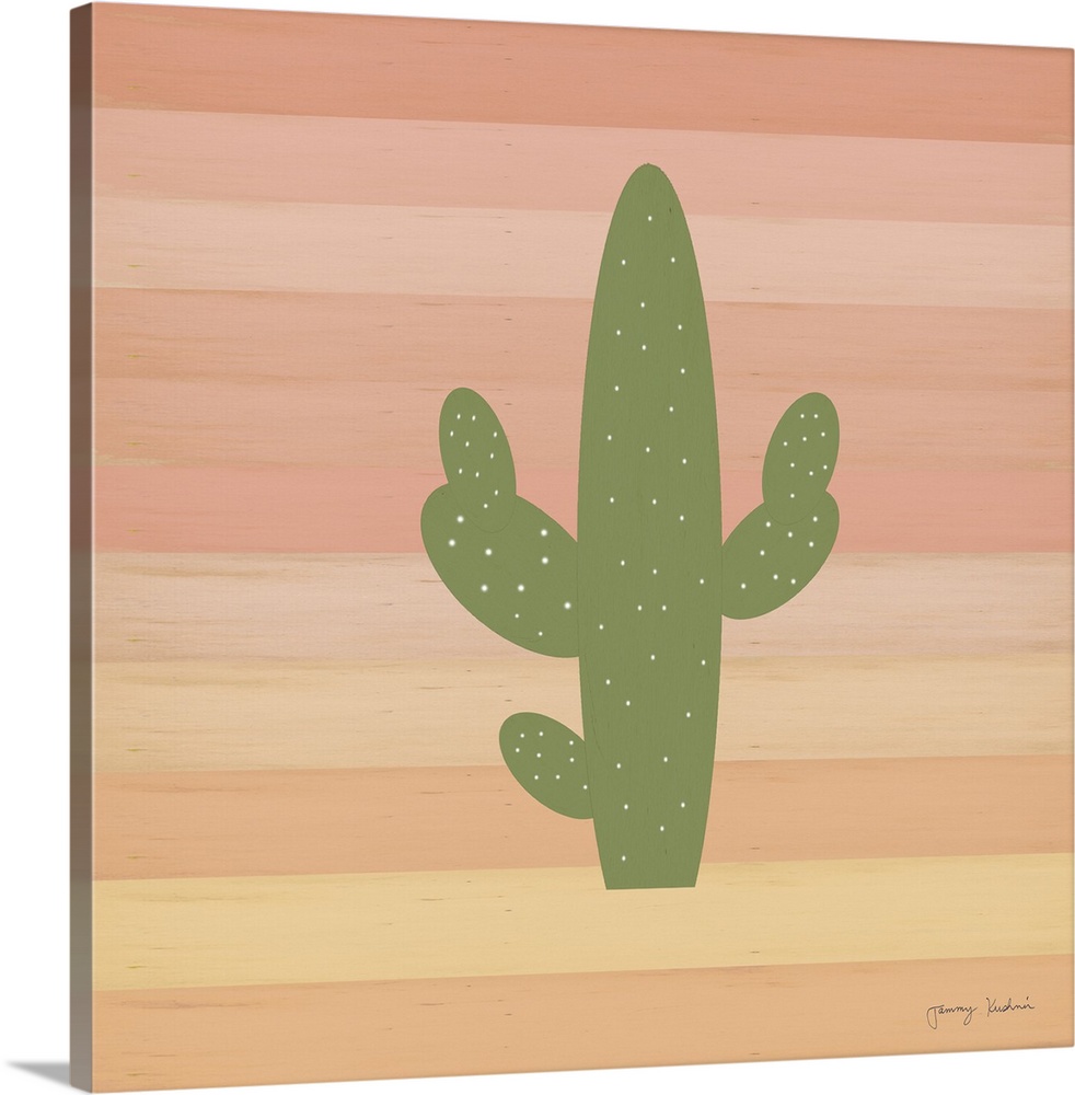 Square decorative design of a green cactus on a striped background of shades of pink.