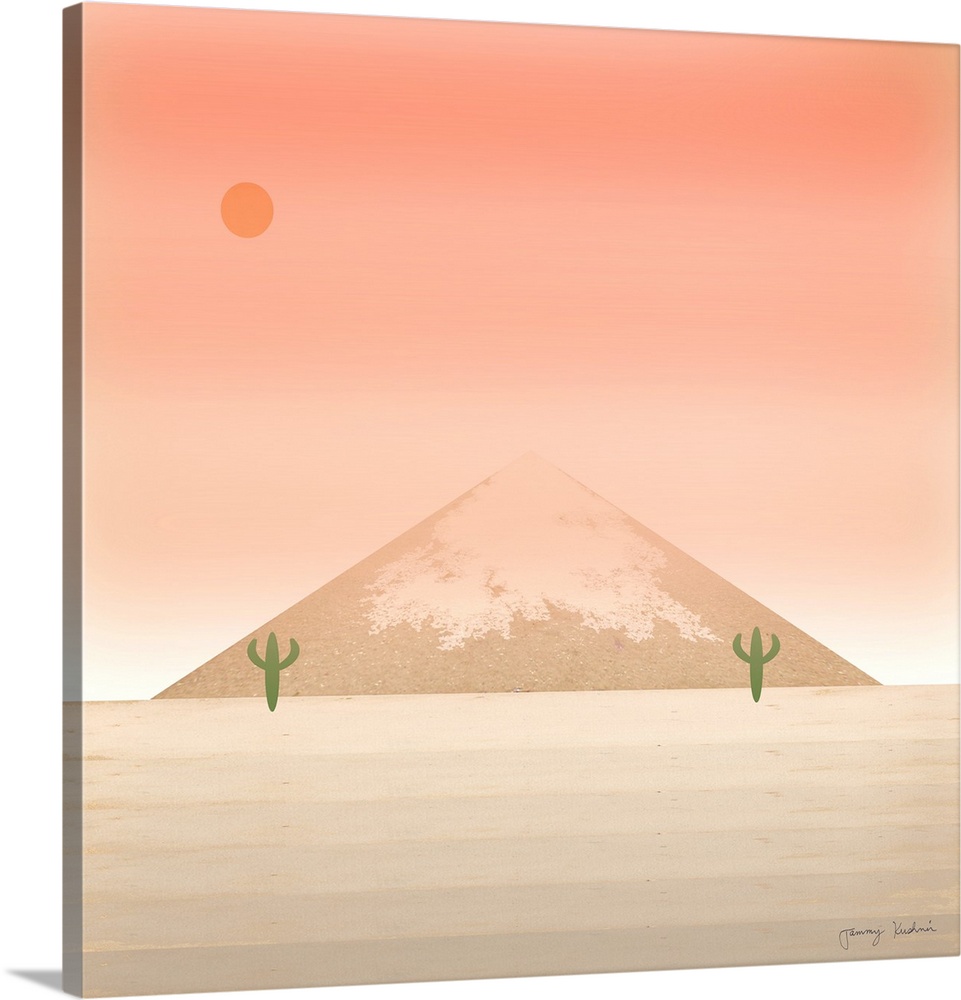 Square decorative design of two green cactus next to a mountain with a sky in shades of pink.