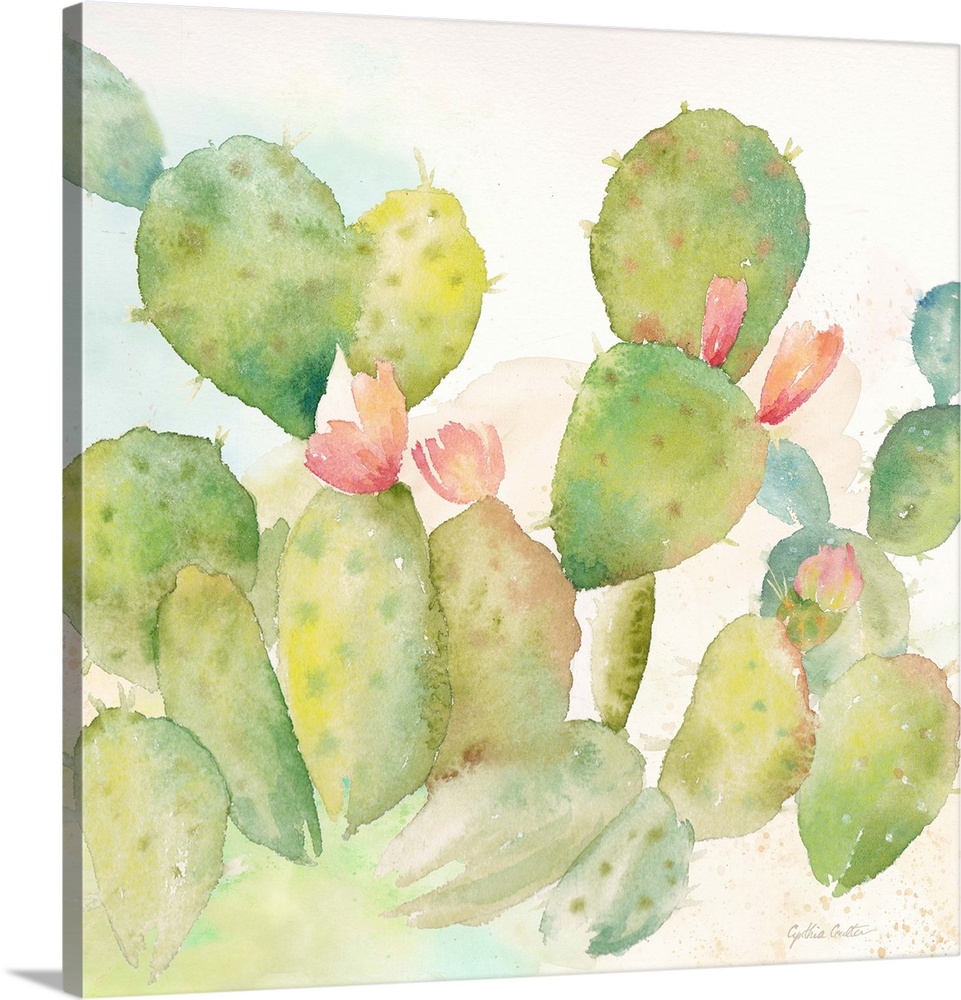 A square decorative watercolor painting of a group of cactus in a garden.