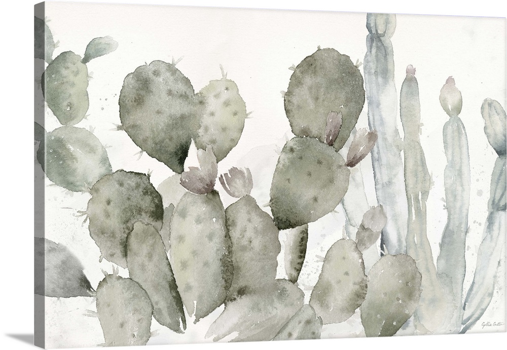 A decorative watercolor painting of a group of cactus in a garden.