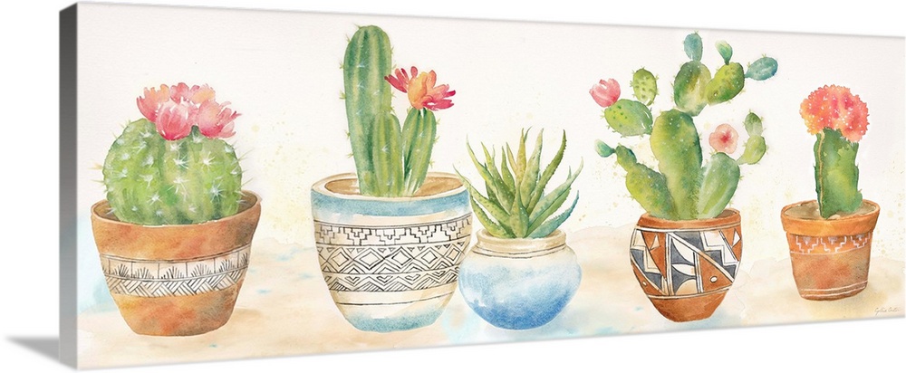 A decorative watercolor painting of a group of succulents in colorful clay pots.