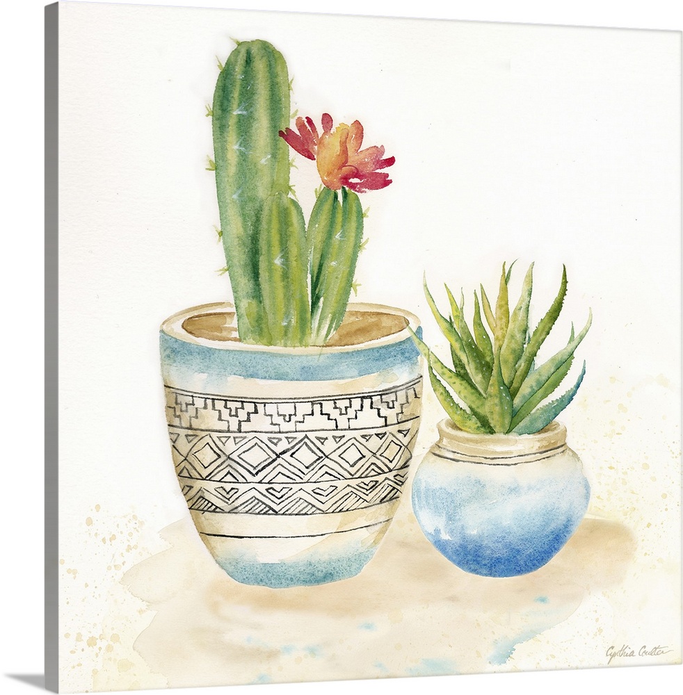A square decorative watercolor painting of a pair of succulents in colorful clay pots.