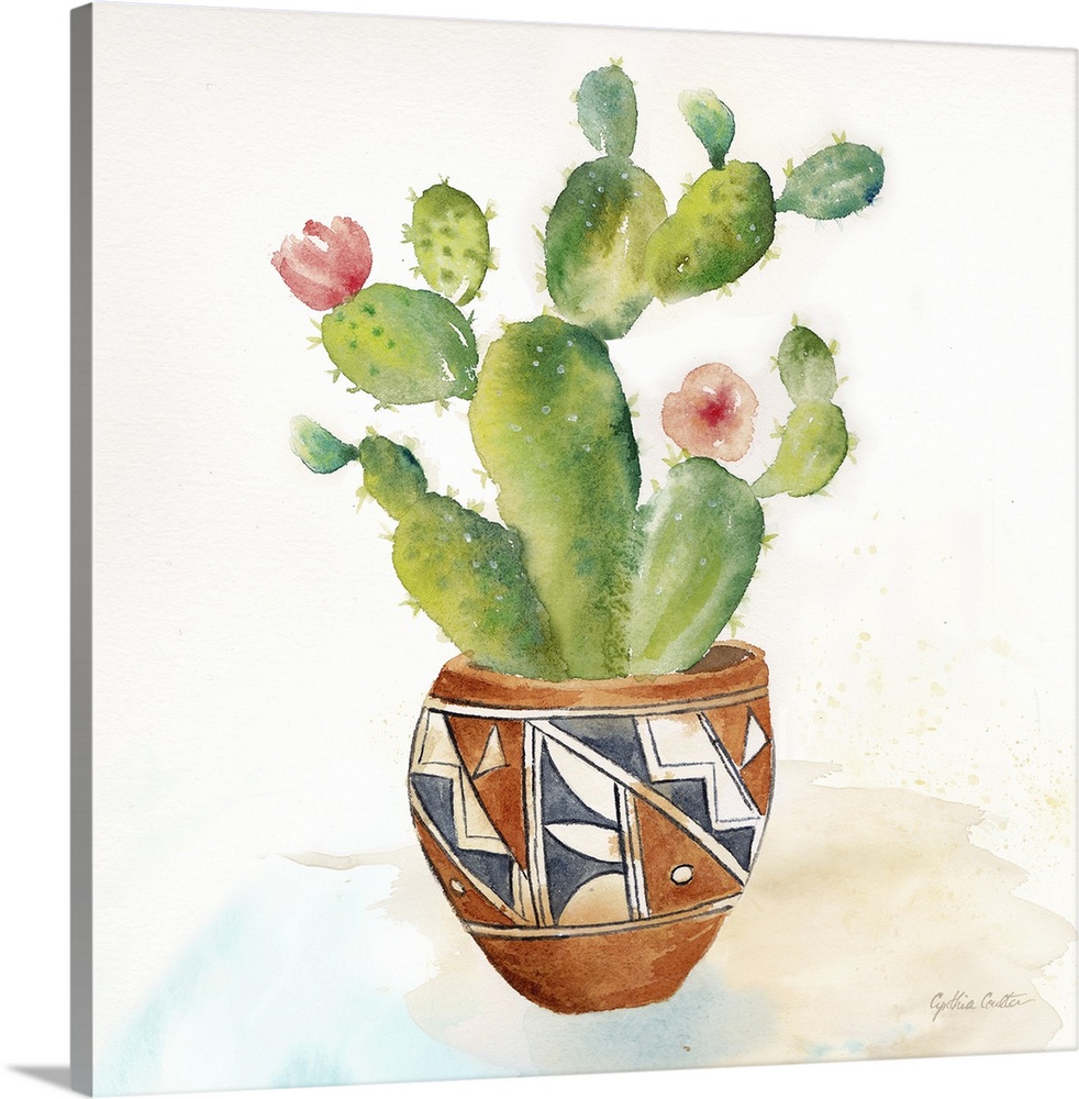 A square decorative watercolor painting of succulents in colorful clay pots.