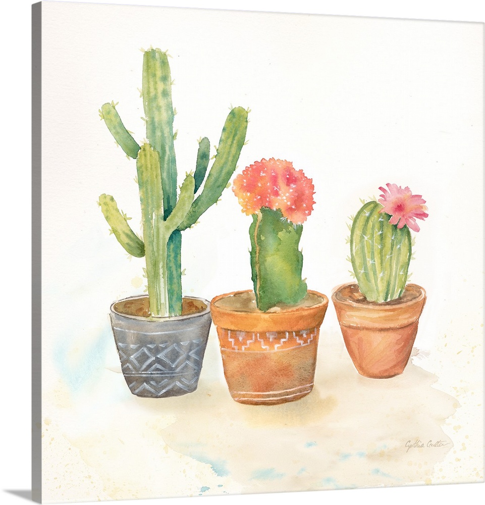 A square decorative watercolor painting of a group of succulents in colorful clay pots.