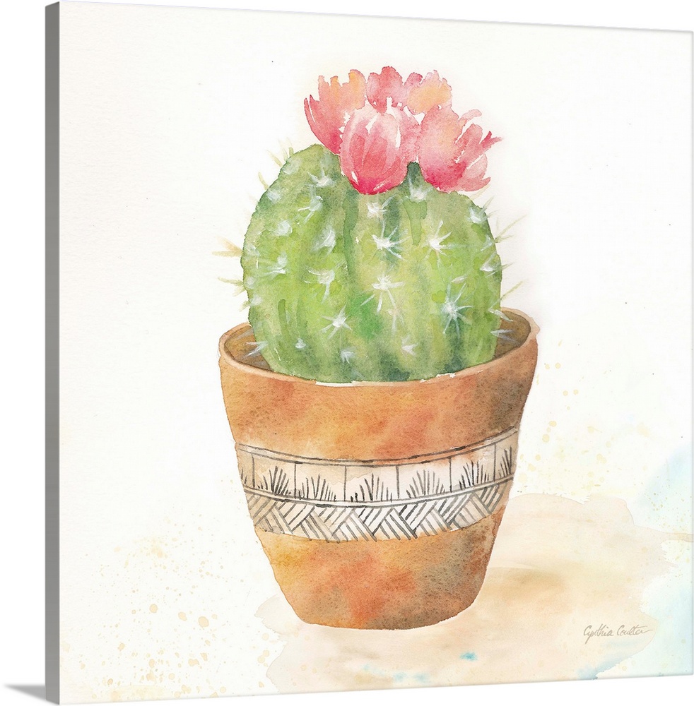 A square decorative watercolor painting of  succulents in colorful clay pots.