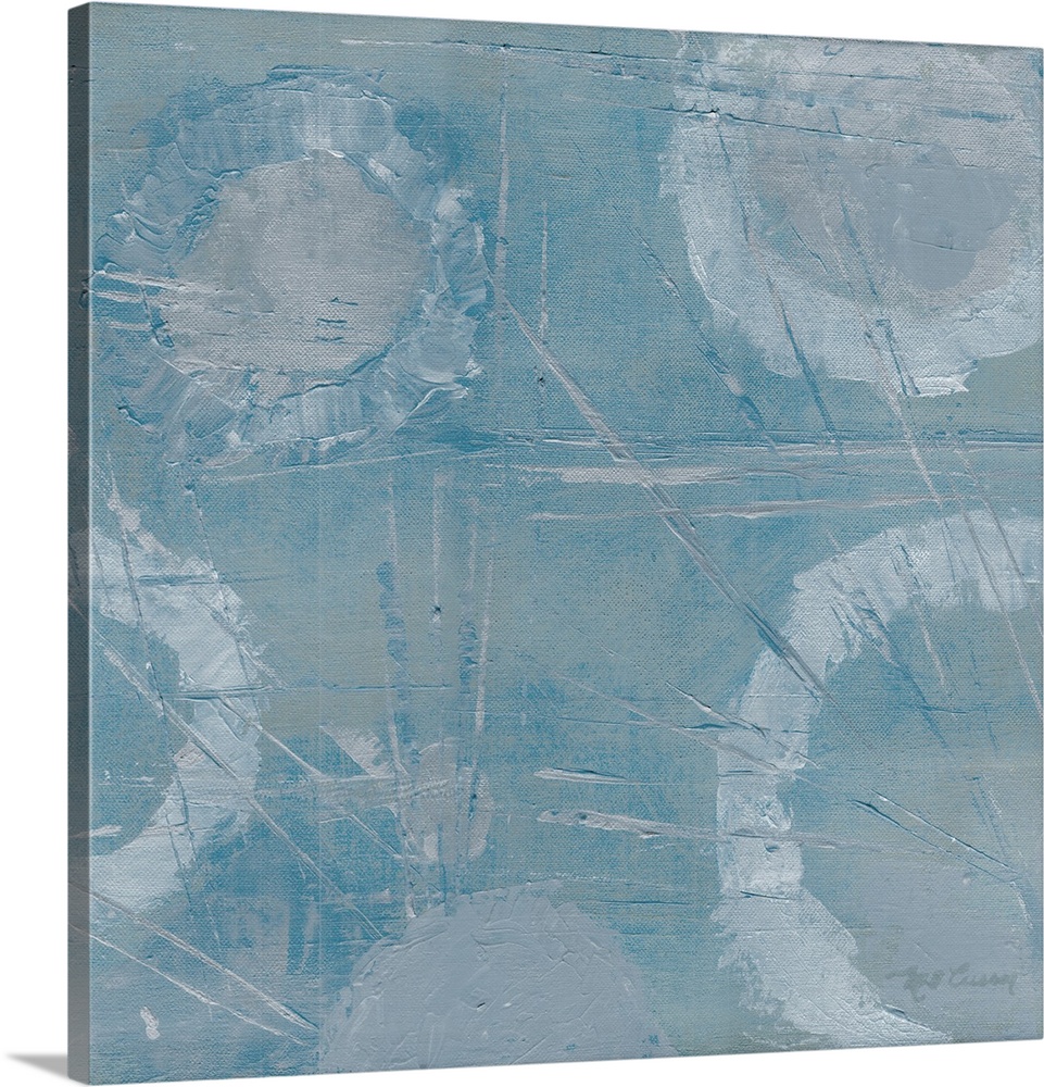 Square abstract painting of textured faded white rings with thin angled streaks on a light blue backdrop.