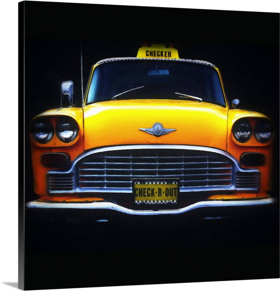 A square contemporary painting of a bright yellow vintage checkered cab on a black background.