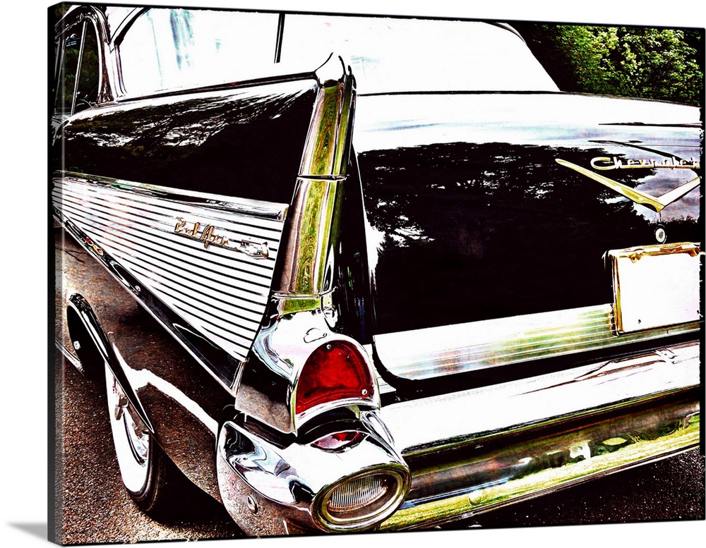 Photograph of the back side of a vintage black Chevrolet Bel-Air.