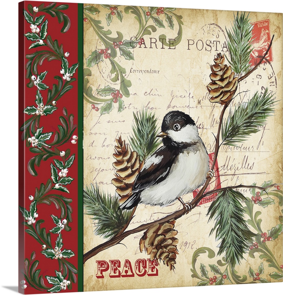 An artistic design of a bird on a branch against a vintage postcard  with a border and the text "Peace."
