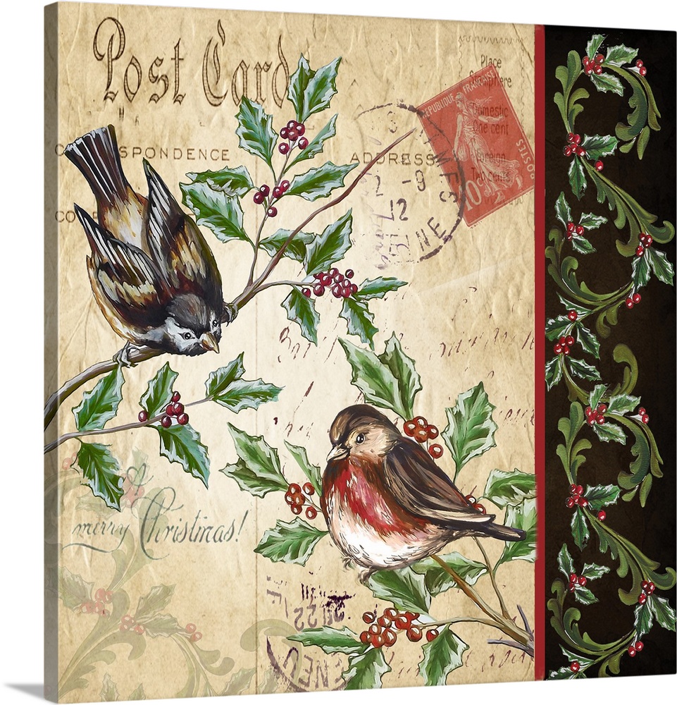 An artistic design of two birds on a branch against a vintage postcard with a border.