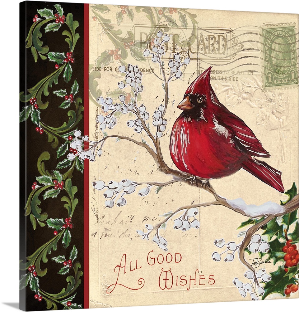 An artistic design of a bird on a branch against a vintage postcard with a border and the text "All Good Wishes."
