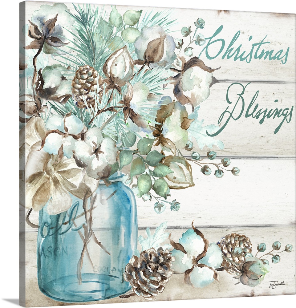 "Christmas Blessings" with glass bottles and greenery on a gray wood panel background.