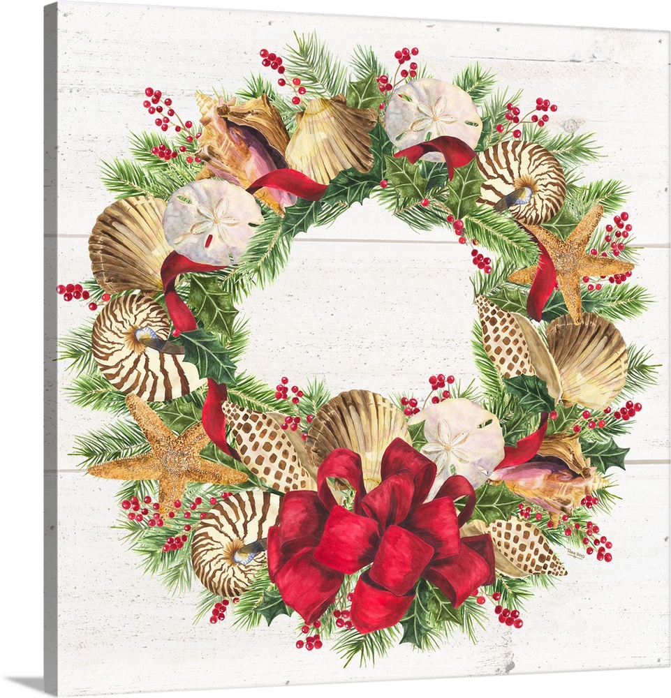 A holiday wreath with seashells on a white wood panel backdrop.