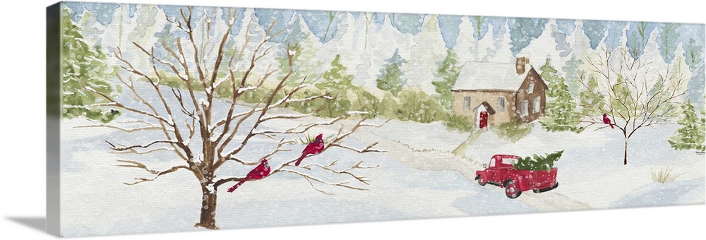 A contemporary watercolor painting of a winter scene featuring a vintage truck delivering a tree while snow is falling.