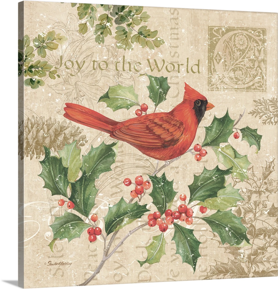 A decorative design of a red cardinal on holly on a beige background with text and floral designs and a distressed overlay.