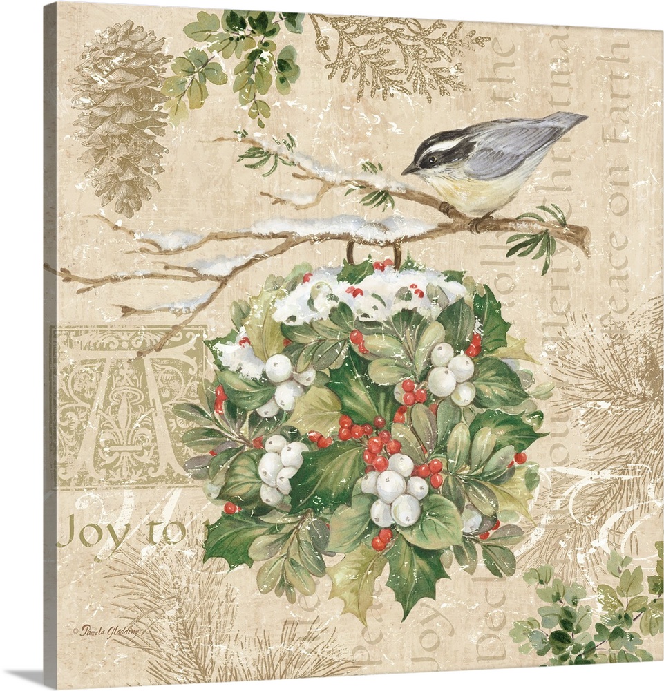A decorative design of a winter bird on holly on a beige background with text and floral designs and a distressed overlay.