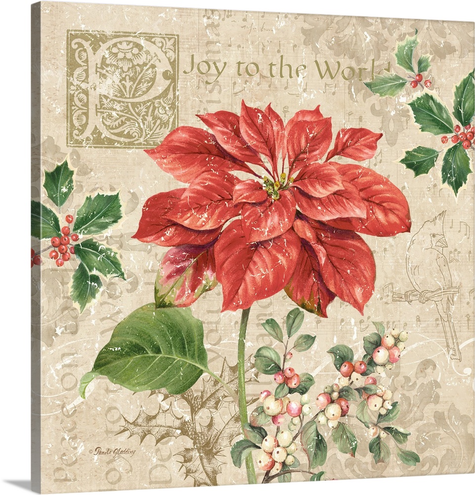 A decorative design of a large poinsettia flower and holly on a beige background with text and floral designs and a distre...