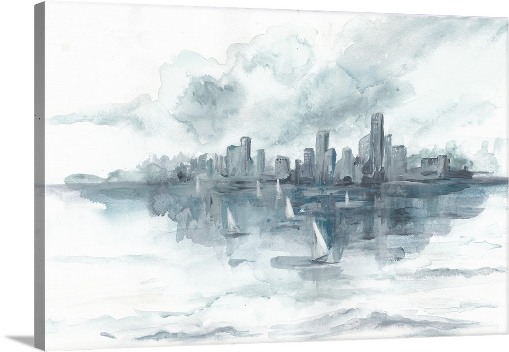 Horizontal watercolor painting of a city skyline with sailboats in the foreground.