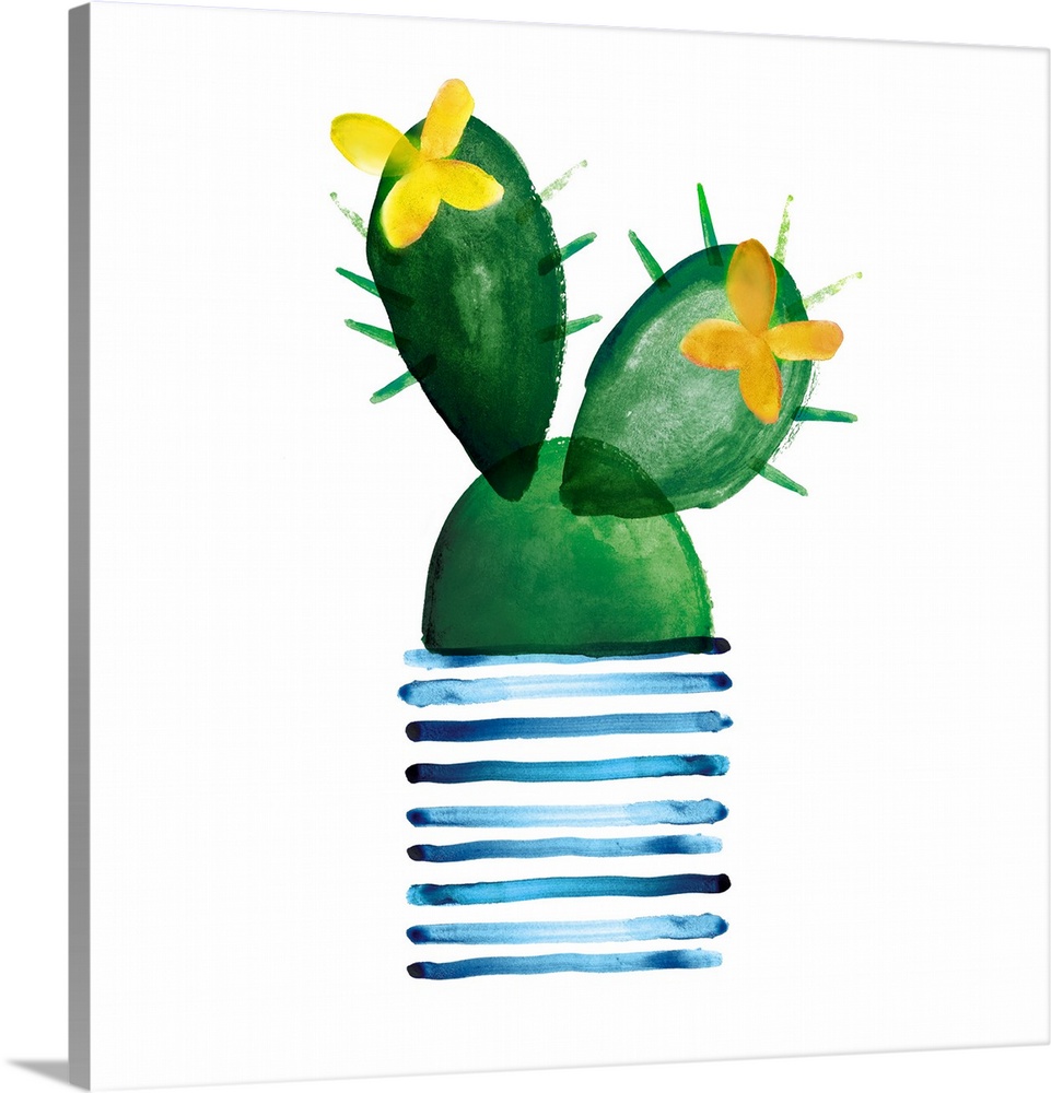 Colorful painting in a simplest style of a blooming cactus in a blue striped pot on a white background.
