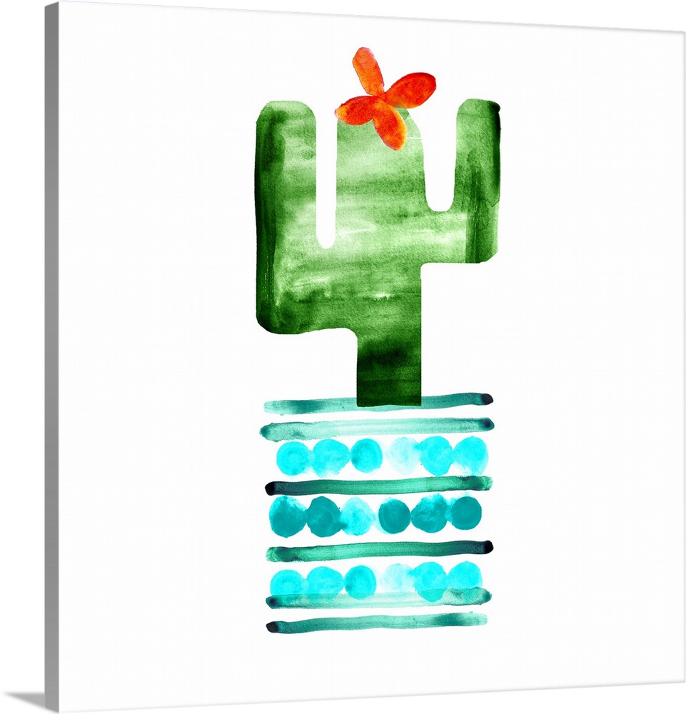 Colorful painting in a simplest style of a blooming cactus in a teal striped and spotted pot on a white background.