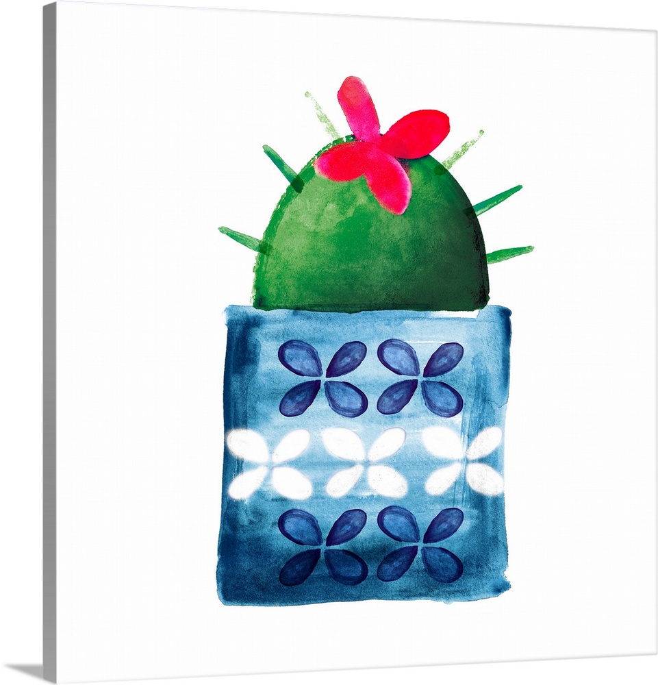 Colorful painting in a simplest style of a blooming cactus in a blue floral pot on a white background.