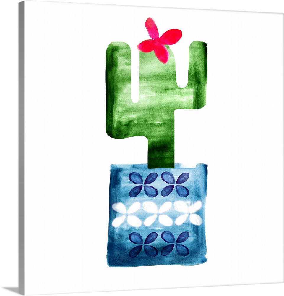 Colorful painting in a simplest style of a blooming cactus in a blue floral pot on a white background.