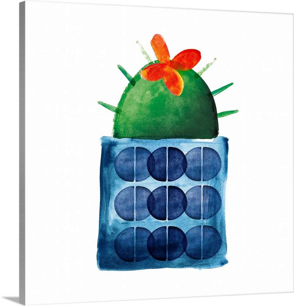 Colorful painting in a simplest style of a blooming cactus in a blue spotted pot on a white background.