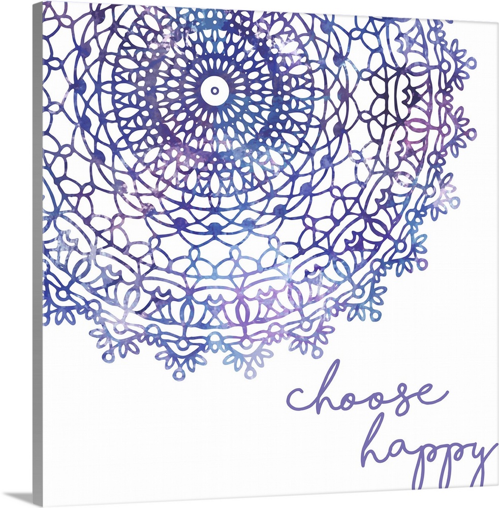 "Choose happy" with an elaborate mandala design in shades of purple and pink on a white background.