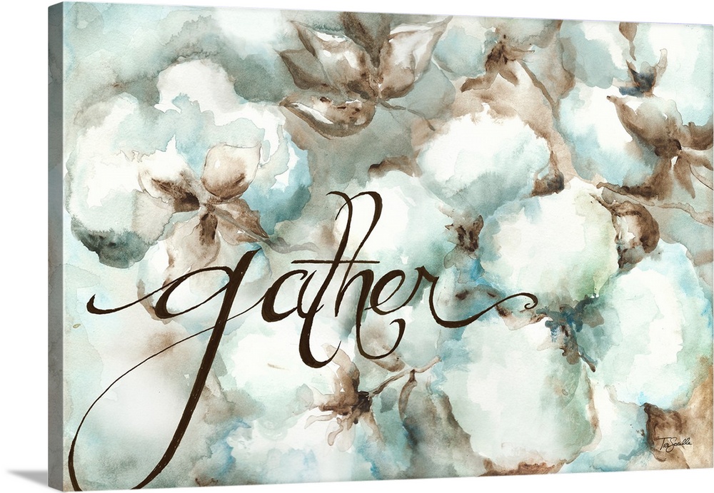 "Gather" in black over a watercolor painting of cotton balls in shades of blue and white.