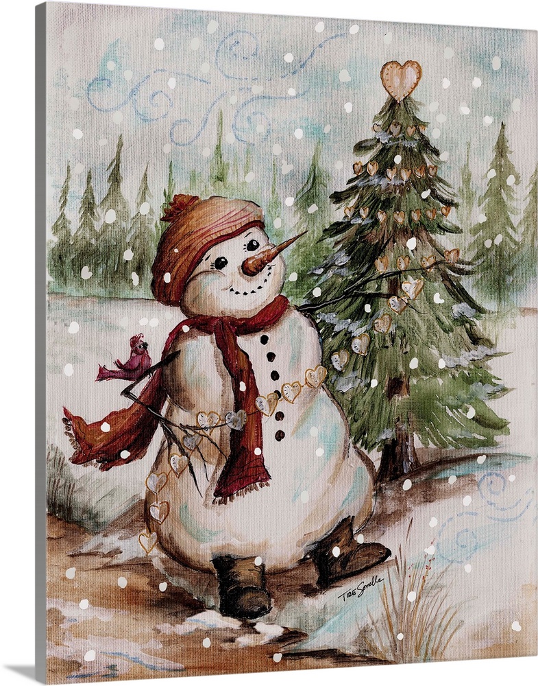 Artistic holiday image of a snowman decorating a tree in the country during a snow fall.