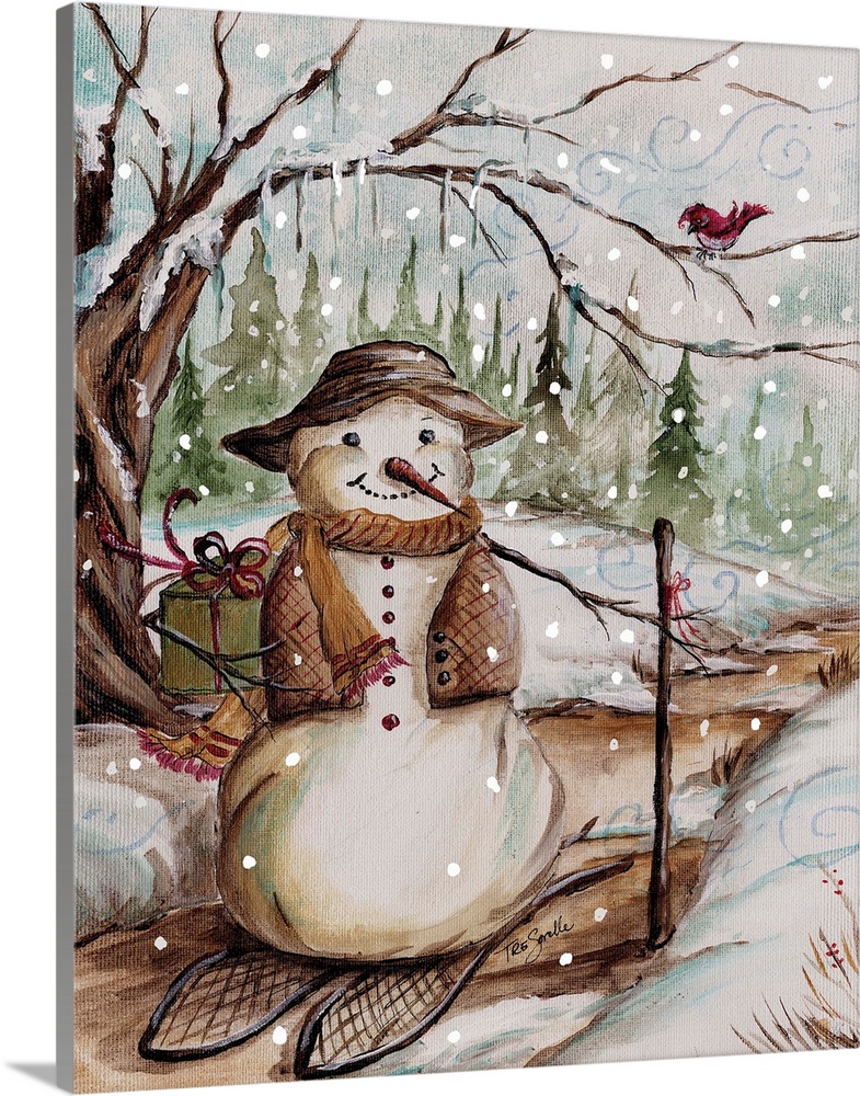 Decorative holiday image of a snowman carrying a gift in the country during a snow fall.